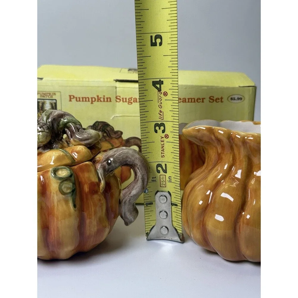 Vintage Ceramic Pumpkin Patch Sugar Bowl Creamer Set Fall Harvest 1990s